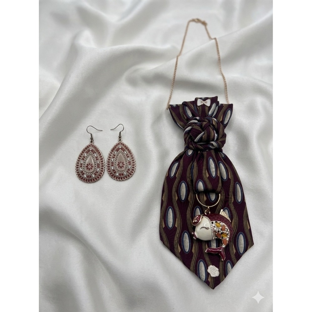 Bill Blass Silk Tie Upcycled Statement Necklace Koi Fish Pendant & Earrings Set